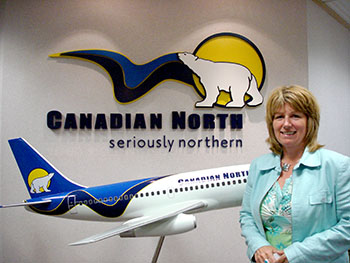 Kelly Kaylo, vice-president for passenger product and sales at Canadian North, hopes Nunavummiut traveling between Yellowknife and Edmonton will remain loyal to the airline. Canadian North serves many Nunavut communities and is 50 per cent owned by Nunavut Inuit through Nunasi Corp. The Yellownife-Edmonton route supplies the airline with up to 30 per cent of its revenue, but that's now threatened by competition from new players like Westjet. (PHOTO BY JANE GEORGE)