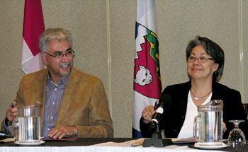 Eva Aariak, the Nunavut premier, and Floyd Roland, the Northwest Territories premier, field questions from reporters following the annual gathering of the three territorial premiers in Iqaluit this past weekend. All three leaders, including Dennis Fentie, premier of Yukon, said they feel confident that their governments can cope with a possible swine flu pandemic this fall. (PHOTO BY JIM BELL)