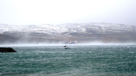 Winds buffet the MV Avataq on Sept. 26 near Salluit, where the ship owned by NEAS had been towed for repairs. (PHOTO BY PUTULIK ILISITUK)