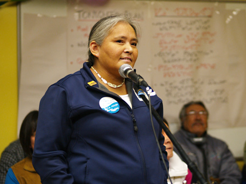 Elisapee Sheutiapik, seeking a third term as Iqaluit's mayor, speaks during an all-candidates meeting at the Francophone Centre Thursday. (PHOTO BY CHRIS WINDEYER)