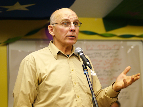 Jim Little, a challenger for mayor in Iqaluit's civic elections, makes his pitch to voters. (PHOTO BY CHRIS WINDEYER)