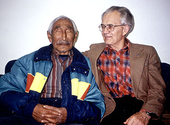 Two old friends: Etuangat and Otto Schaefer when they saw each other for the last time in Pangnirtung, May, 1993. (PHOTO BY JANE GEORGE)