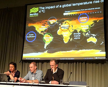 This slide above shows a lot of red at the top: that's the Arctic, which could warm by as much as 16 C if the 192 nations at this week's climate change conference in Copenhagen can't agree on how to curb climate-warming emissions. (PHOTO BY JANE GEORGE)