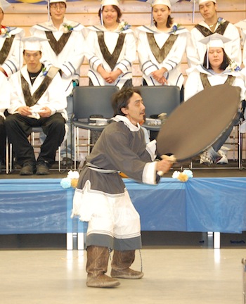 A student in Nunavut Arctic College’s mine industry trade access certificate program performs at the NAC’s April 15 graduation ceremony in Cambridge Bay. (PHOTO BY KEVIN MCGILL)