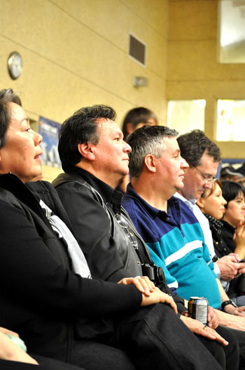 Four of the Government of Nunavut’s top elected officials, Premier Eva Aariak, and ministers Peter Taptuna, Daniel Shewchuk and Keith Peterson, watch the May 2 finale of Kugluktuk’s spring festival, the Nattiq Frolics, one of many events they attended during their recent tour of the Kitikmeot. (PHOTO BY VANESSA MOSEK)