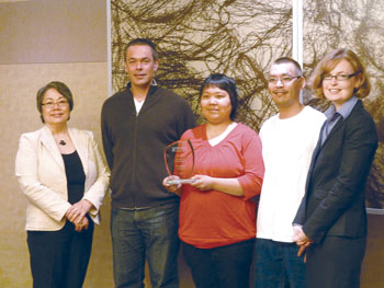 Premier Aariak, Jake Gearheard, executive director of the Ilisaqsivik Society, Nina Qillaq, executive co-ordinator for the Ilisaqsivik Society, Gordon Kautuk, co-ordinator of the Ittaq Heritage and Research Centre, a branch of the Ilisaqsivik Society, and Deborah Tucker, executive director of the Kaiser Foundation. (FILE PHOTO)