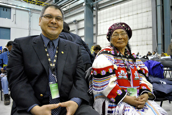Baker Lake MLA Moses Aupaluktuq with his mother, Nancy Aupaluktuq, who remembers traveling through the Meadowbank area en route to her homeland in the Back River area. (PHOTO BY JIM BELL)