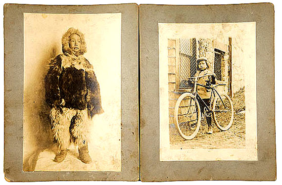 A very young Minik Wallace dressed in fur clothes (left) and with his bicycle (right.)