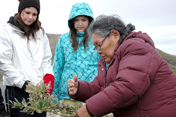 Karine Martel, formerly of Iqaluit, and Kayla Bruce of Rankin Inlet listen as Alacie Joamie talks about some of the plants found in the Sylvia Grinnell territorial park near Iqaluit. (PHOTO COURTESY OF SCHOOLS ON BOARD)