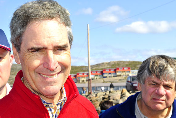 Liberal leader Michael Ignatieff, with Yukon MP Larry Bagnell, Aug. 12 in Iqaluit: “The future of Canada is being forged in Iqaluit. But there are a lot of problems,” Ignatieff said. (PHOTO BY JIM BELL)