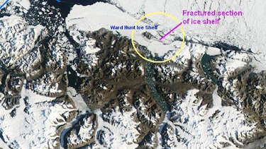 This NASA image shows the section of the Ward Hunt ice shelf which recently broke off. (IMAGE/NASA)