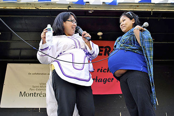 Caroline Novalinga, originally from Puvirnituq, and her cousin, Alasie Sivuarapik, also of Puvirnituq, found an enthusiastic audience Sept. 18 when they performed at Parc Villeray in northeast Montreal. (PHOTO BY JIM BELL)
