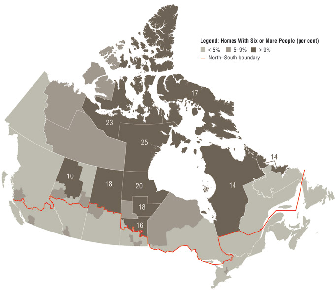This map, called “Sleeping on the Couch,” shows the extent of overcrowded housing in northern Canada, with the highest percentage of overcrowded dwellings found in Nunavut, Nunavik and Nunatsiavut. (IMAGE/CONFERENCE BOARD OF CANADA)