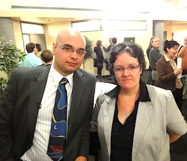 Joey Flowers, a McGill University law student from Kuujjuaq, and Geneviève Beaudet, member of a Villerary residents group, shown here at the at Sept. 7 borough meeting, say they're frustrated by the attitude of Villeray borough mayor Anie Samson. (PHOTO BY JANE GEORGE)