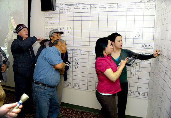 Voters and election workers watch the results come in at the Siniktarvik Hotel in Rankin Inlet during Nunavut's most recent territorial election on Oct. 27, 2008. A new electoral boundaries commission is being assembled to look at possible changes to Nunavut's 19 ridings. (PHOTO BY CHRIS WINDEYER)