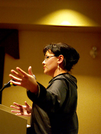 Nunavut MP Leona Aglukkaq speaks to the Arctic sovereignty and infrastructure conference in Iqaluit Oct. 13. Aglukkaq and Pierre Poilievre both warned that the end of the federal stimulus program will make it more difficult for Nunavut to fund infrastructure projects. (PHOTO BY CHRIS WINDEYER)