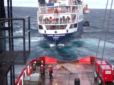 After the Clipper Adventurer hit rocks near Port Epworth in the Coronation Gulf, about 100 kilometres from Kugluktuk, on Aug. 27, the Coast Guard's Amundsen icebreaker came to the rescue, evacuating more than 100 passengers. (SUBMITTED PHOTO)