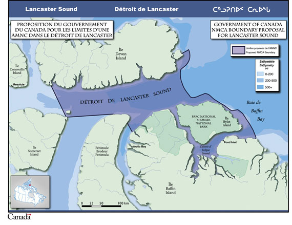 The federal government’s proposed boundaries for the Lancaster Sound marine conservation area would include most of the waters of Lancaster Sound and waters surrounding Bylot Island, including all of Eclipse Sound. (PARKS CANADA HANDOUT MAP)