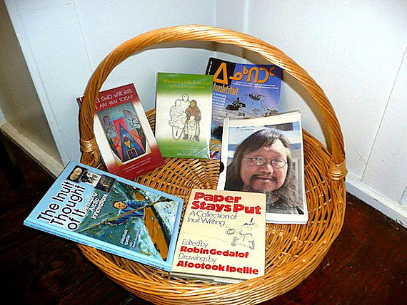 This basket containing works by the late artist and writer Alootook Ipellie was recently on display in Switzerland as part of an exhibit of his work and pieces by other Inuit artists. (PHOTO COURTESY OF KURT BIEDERMANN)