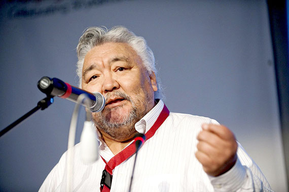Jose Kusugak this past July 1 at the Inuit Circumpolar Council general assembly in Nuuk, delivering a personal message. Having been recently diagnosed with terminal bladder cancer, Kusugak urged all Inuit to get medical check-ups, and he asked all delegates to think of him and his battle with cancer. (PHOTO BY LEIFF JOSEFSEN, SERMITSIAQ)