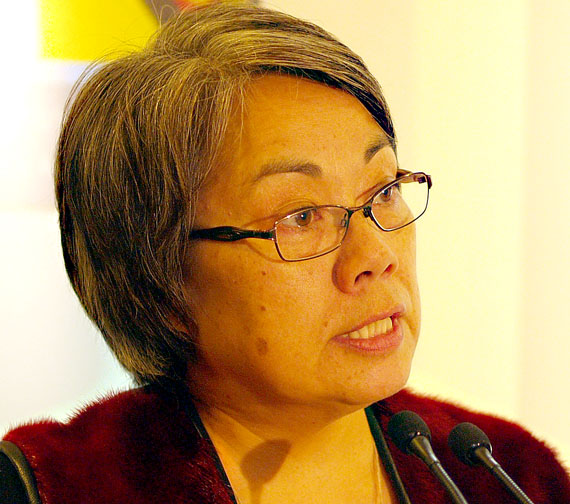 Nunavut premier Eva Aariak speaks during a news conference in Iqaluit in September, 2011. Aariak said a devolution agreement-in-principle between the Northwest Territories and the federal government means Ottawa should sit down and bargain with Nunavut next. (PHOTO BY CHRIS WINDEYER)