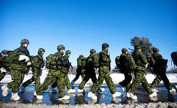 Soldiers from the 5th Service Battalion march during a search-and-rescue training exercise at the Farnham base on Thursday, preparing for a large Arctic exercise this month near James Bay. (PHOTO COURTESY OF POSTMEDIA NEWS)