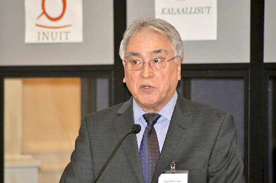 Speaking Feb. 23 in Ottawa at the Inuit summit on resource development, Aqqaluk Lynge, chair of the Inuit Circumpolar Council,says resource development is developing rapidly and that Inuit lands and rights must be protected in the process. (PHOTO BY SARAH ROGERS)