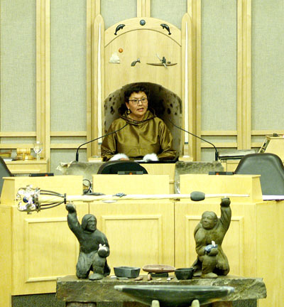 Nunavut Commissioner Edna Elias gives her address opening the third session of the current Legislative Assembly Feb. 28. The throne speech warns Nunavut's government will run a deficit this year, and promises new public health and public service legislation. (PHOTO BY CHRIS WINDEYER)