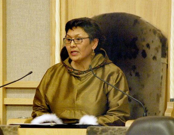 Nunavut Commissioner Edna Elias gives her first commissioner's address at the opening of the third session of the current Legislative Assembly Feb. 28. The throne speech warns Nunavut's government will run a deficit this year, and promises new public health and public service legislation. (PHOTO BY CHRIS WINDEYER)