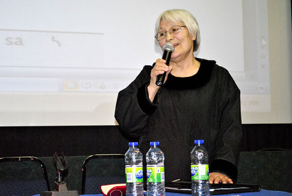 Miriam Aglukkaq, the well-known educator and language activist from Gjoa Haven, speaking at a workshop session held in Iqaluit Feb. 10, said the Nattilingmiut dialect of the eastern Kitikmeot contains unique consonant sounds that are not accurately represented in the dual-orthography syllabic system developed in the 1970s. (PHOTO BY JIM BELL)