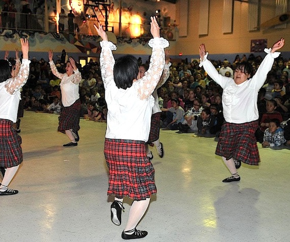 Puvirnituq's Snow Flake dancers are among the many performers who are taking the stage during this week's Snow Festival in Puvirnituq. The festival includes outdoor competitions in igloo building and snow and ice sculpture as well as a dog sled race and a marathon. This year's theme: reclaiming and revitalizing Inuktitut. (PHOTO BY DENIS VENNE/COURTESY OF THE PUVIRNITUQ SNOW FESTIVAL)