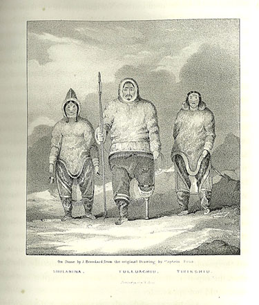 In this stone-cut drawing, Tulluahiu, with each of his two wives, shows off the wooden leg made by ship’s carpenter Chimham Thomas.