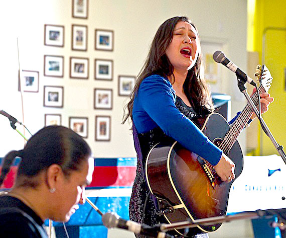 Yellowknife award-winning singer and songwriter Leela Gilday, shown here at a March 19 show in Iqaluit, also performed in Pangnirtung on March 17 and in Igloolik on March 20. Gilday's Iqaluit performance kicked off Alianait’s four-event series, which includes Fred Penner, Tumivut, and Old Man Luedecke. (PHOTO BY ED MARUYAMA)