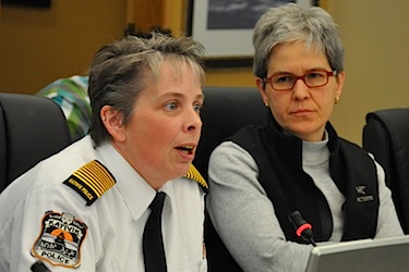 A jump in the number of search warrants and files for drug trafficking and bootlegging is due to the diligence of police, Kativik Regional Police Force chief Aileen MacKinnon, left, tells the recent meeting of the Kativik Regional Government council in Kuujjuaq. (PHOTO BY SARAH ROGERS)