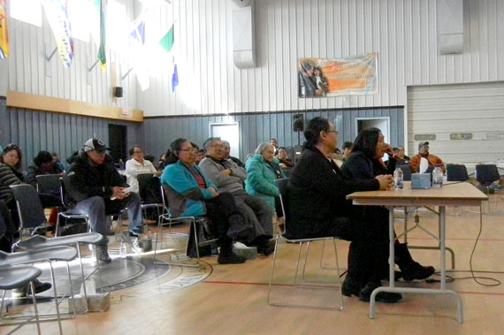 About 70 people listen in Iqaluit's Cadet Hall on the afternoon of March 25 as a former residential school student tells the Truth and Reconciliation Commission about the trauma she experienced as a student. (PHOTO BY JANE GEORGE)
