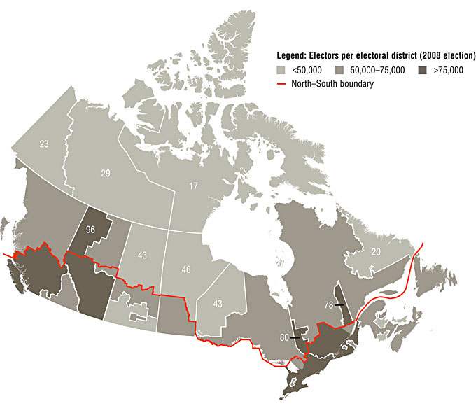 This map shows the most thinly populate electoral districts in Canada. (CONFERENCE BOARD OF CANADA)