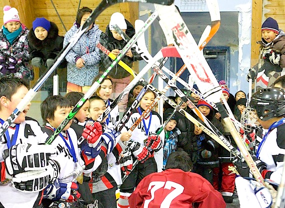 PeeWees from around Nunavik met this past weekend for a tournament in Inukjuak where the home team made this hockey-stick tunnel for players from Kangiqsualujjuaq. Nunavik's Youth Hockey Development Program, which uses hockey to encourage kids to work hard in school and keep out of trouble, is wrapping up its fifth year in the region. (PHOTO/NYHDP)