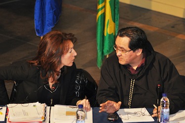Pita Aatami, pictured here with Quebec minister Nathalie Normandeau in March 2011, says a “no” vote will not stop Nunavik from seeking more autonomy. (PHOTO BY SARAH ROGERS)