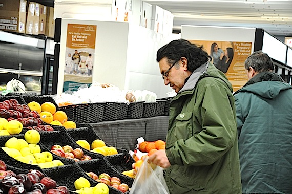 Roméo Saganash, the New Democratic Party candidate for Abitibi-James Bay-Nunavik-Eeyou stopped into Newviq''vi in Kuujjuaq April 27 to check out the price of foods in Nunavik. If the NDP is elected, Saganash says that his party would revamp the Nutrition North program based on consultations with people living in the North. Saganash is the second federal candidate to visit Nunavik during the campaign; Liberal candidate Léandre Gervais visited Kuujjuaq last week. (PHOTO BY SARAH ROGERS)