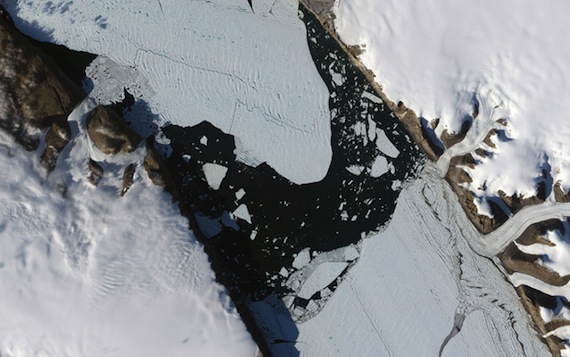 This NASA Earth Observatory image shows the ice island that calved off the Petermann Glacier in northwestern Greenland on August 5, 2010.
