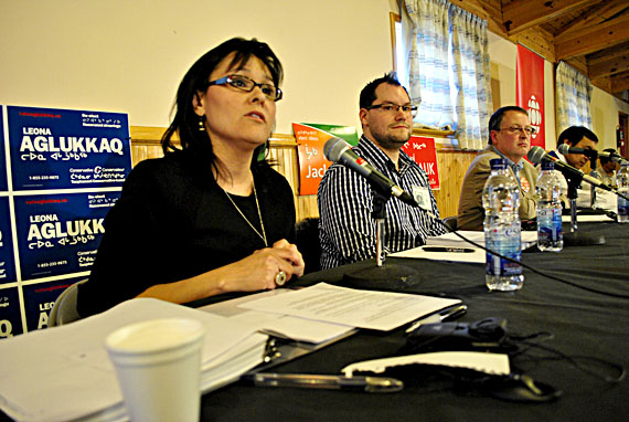 Leona Aglukkaq, the incumbent Conservative MP for Nunavut, defended her government's record against attacks launched by Paul Okalik of the Liberals and Jack Hicks of the NDP by reciting a long list of spending items and other measures her government has directed towards Nunavut and northern Canada. (PHOTO BY JIM BELL)