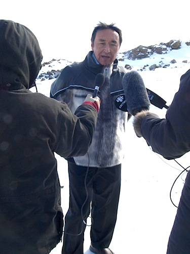 Paul Okalik speaks with reporters April 6 after announcing he's stepping down as Iqaluit West MLA to run as the Liberal candidate for Nunavut in the May 2 federal election. The move also means the Iqaluit West seat is vacant and must be filled with a by-election by Oct. 3 (PHOTO BY CHRIS WINDEYER)