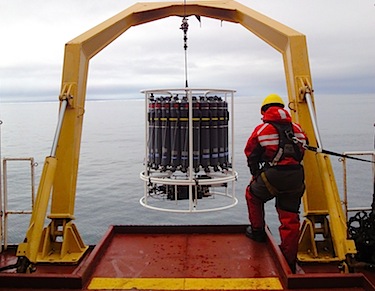 Last summer this rosette of bottles was lowered down off the side of the Amundsen research icebreaker to take water samples for researchers during its trip up the coast of Baffin Island and through the Northwest Passage. Analysis of these samples shows high levels of a potent neurotoxin called monomethylmercury. (PHOTO BY JANE GEORGE)