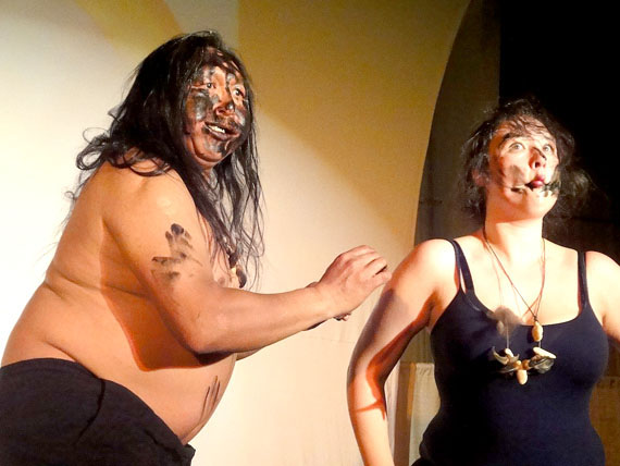 Matthew Nuqingaq and Laakkuluk Jessen Williamson paint each other’s bodies after stripping off their heavy parkas, in a bawdy skit inspired by Greenlandic mask dances, which they performed at the opening of Iqaluit’s 2010 Toonik Tyme. (PHOTO BY JANE GEORGE)