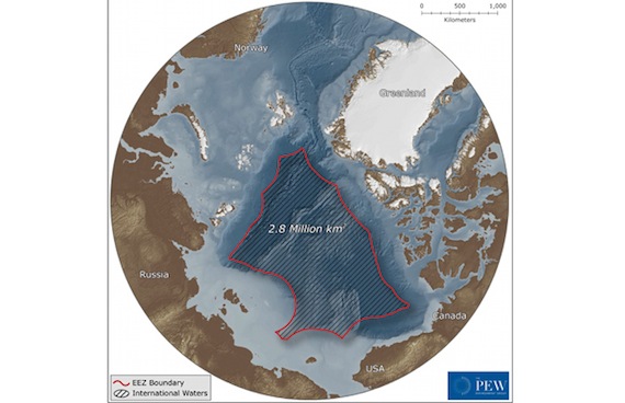 This map shows the 2.8-million-sq.-km area in the central Arctic Ocean that lies beyond the Exclusive Economic Zone of the five polar nations with Arctic Ocean coastlines: Canada, Russia, Norway, the U.S. (Alaska) and Denmark (Greenland). In an era of retreating Arctic sea ice. (PHOTO/ PEW ENVIRONMENT GROUP)