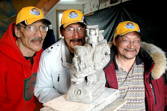 Inuk Charlie of Taloyoak, Paul Malliki of Repulse Bay, and Looty Pijamini of Grise Fiord, the three carvers chosen by Nunavut Tunngavik Inc. to create a monument commissioned to celebrate the Nunavut land claims agreement. “I offer personal thanks to all the carvers who submitted applications. I wish there was a way to have everyone contribute to this piece,” NTI President Cathy Towtongie said in a May 16 news release. (PHOTO COURTESY OF NTI)