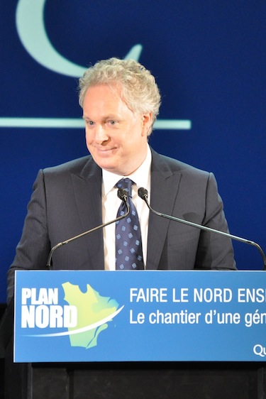 Quebec premier Jean Charest, shown here at the May 9 launch of Plan Nord, called the Plan Nord among the most important sustainable developments projects in the world. Charest says the plan will receive would receive $80 billion in public and private money over the next 25 years. (PHOTO BY SARAH ROGERS)