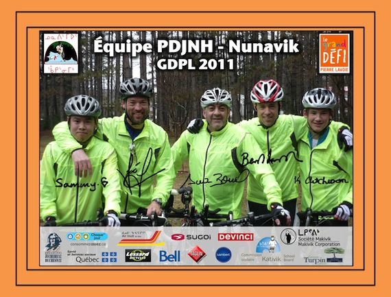 Here's the Nunavik team poster showing the cyclists who recently completed the 1,000-kilometre, 60-hour “Grand Défi Pierre Lavoie” bicycle rally. From left to right: Sammy Gordon of Aupaluk, Joé Juneau, two-time Olympic medalist, former NHL hockey player and founder of the Nunavik Youth Hockey Development Program, four-time Olympic medalist and speedskater Gaétan Boucher, Benoît Lamarche, a former Olympic speed skater who is now a Laval university researcher, and Kyle Aitchison of Kuujjuaq. (POSTER PHOTO BY SIMONE LEMIEUX)