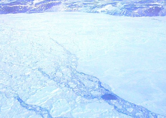 The open water in the lower right of this photo, taken near the Hudson Strait community of Quaqtaq, was teeming with belugas on June 2. (PHOTO BY JANE GEORGE)