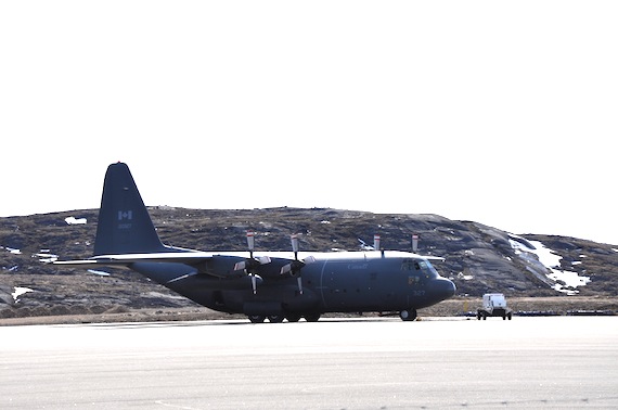 This Hercules, which spent June 13 at the Iqaluit airport, departed during the morning of June 14 to join another Hercules and a helicopter in an air search over the Hudson Strait. These aircraft under the Joint the Joint Rescue Coordination Centre in Trenton, Ont. are searching for three hunters who failed to return from a June 8 seal hunting trip near Salluit. An Air Inuit Twin Otter also joined in the search on June 14. Land and sea searches are also underway June 14. (PHOTO BY SARAH ROGERS)